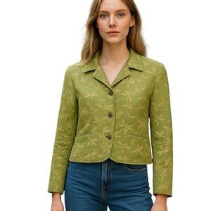 Citron Santa Monica Green Dragonfly Print Collared Button Front Jacket Medium